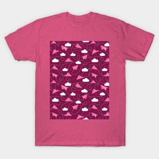 Valentine's hearts paper airplanes love clouds burgundy T-Shirt